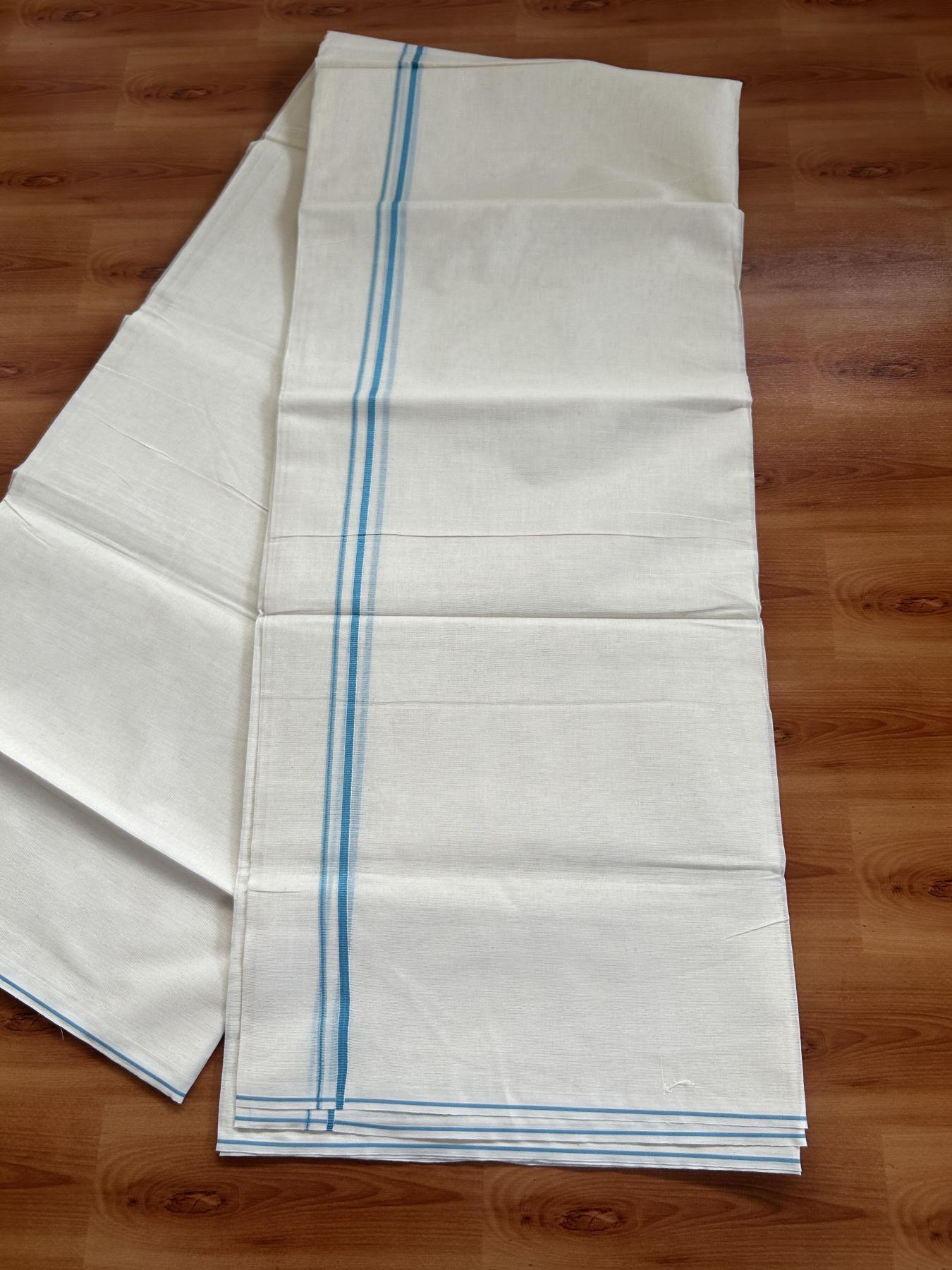 20% Discount! KaithariKada Balaramapuram 100% Cotton Double Off white - (Unbleached) - Mundu/Dhoti-100x80 - 0.3 cm Teal Blue Thin Kara  4.07 mtr (8.72 Muzham) - 80 KK5382 VIN