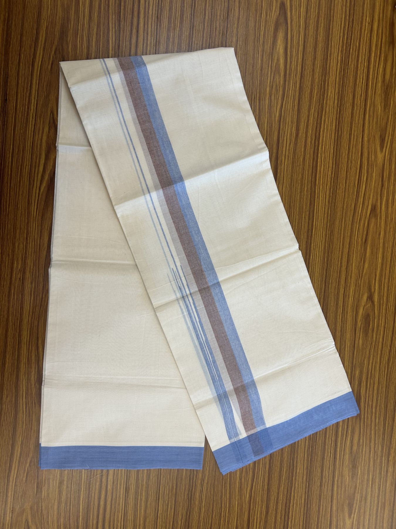20% Discount ! Kaitharikada Balaramapuram 100% Pure Cotton Double Off white (Unbleached) Mundu/Dhoti - 100x80 - 1.25 inch Brown & Blue Shaded Stripes Chutty Kara 3.90 mtr (8 muzham) - 29 KK5313 PMC