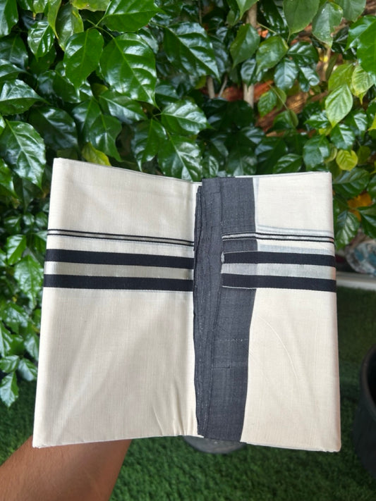25% Discount! KaithariKada Handloom Millpaav Balaramapuram - Cotton Double Mundu/Dhoti Off white (Unbleached) - 80x90 - 1.25 inch Silver Kasav & Black Kara 4 meter (8.5 Muzham) - 85 KK5256 RAM