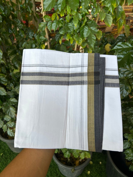 20% Discount! KaithariKada Balaramapuram 100% Cotton Double Pure white Mundu/Dhoti- 100X80 - 1.5 inch Black & Mustard Yellow striped Shaded kara - 3.90mtr ( 8 muzham) - 24 KK5280 VIN