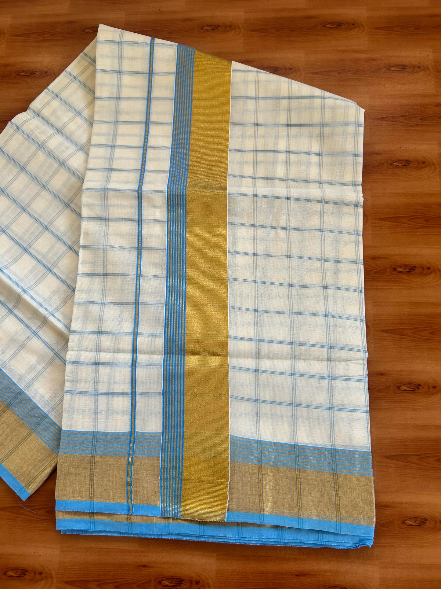 25% Discount! Kaitharikada Kerala Traditional Saree Off white- Mixed Cotton Kasavu Saree - 3 Inch  Pallu - Gold Kasav & Light Blue Striped Check Design Kara - 34 KK7000 PMC