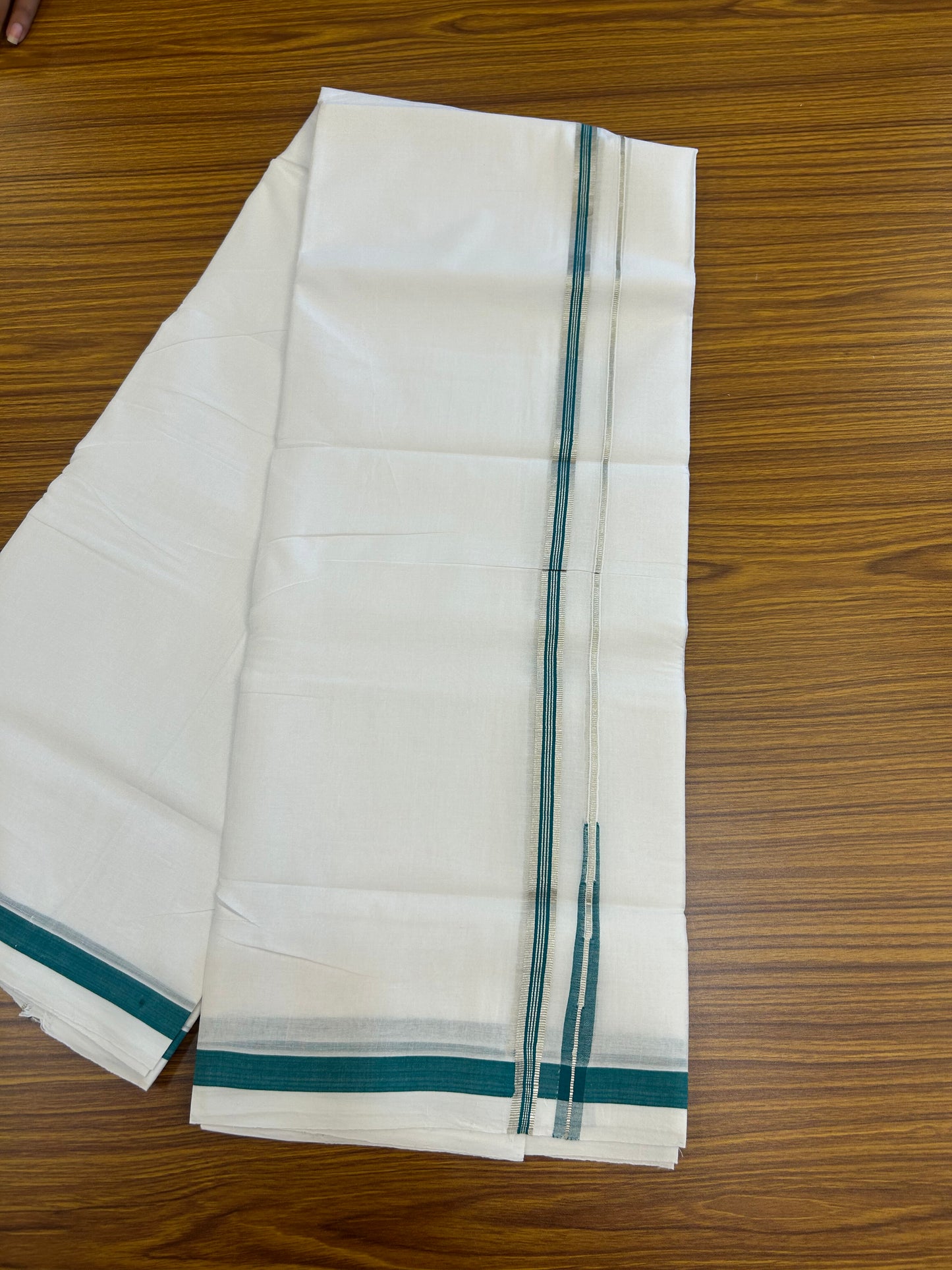 25% Discount ! KaithariKada Handloom Millpaav - Kerala Handloom - 100% Pure Cotton Double Mundu/Dhoti Pure white - 80x90 - 1.5 cm Silver Kasav & Blue Green Stripes Puliyilakkara Chutty 3.80 mtr (8 Muzham) - 27 KK5369 YAR