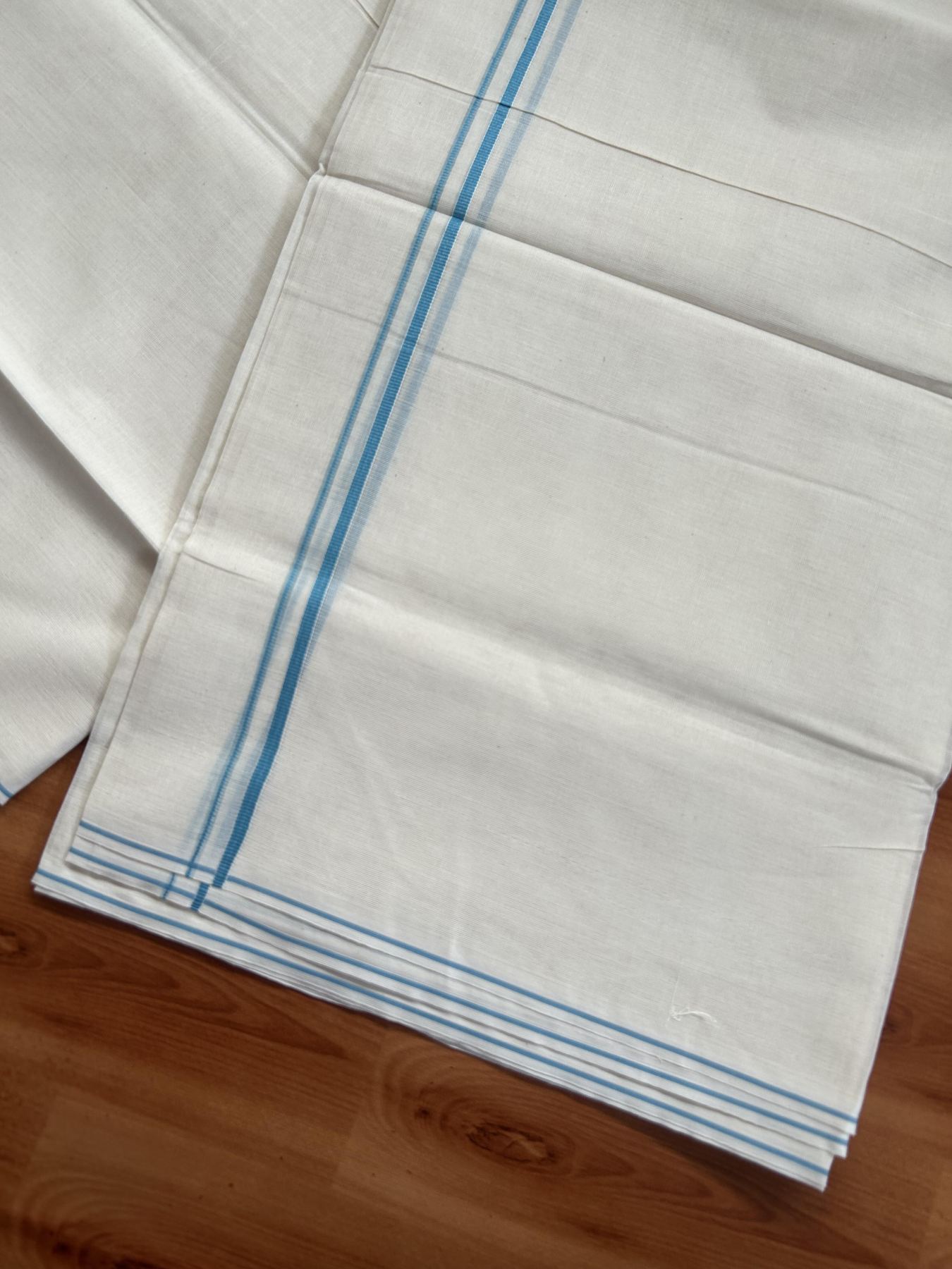 20% Discount! KaithariKada Balaramapuram 100% Cotton Double Off white - (Unbleached) - Mundu/Dhoti-100x80 - 0.3 cm Teal Blue Thin Kara  4.07 mtr (8.72 Muzham) - 80 KK5382 VIN