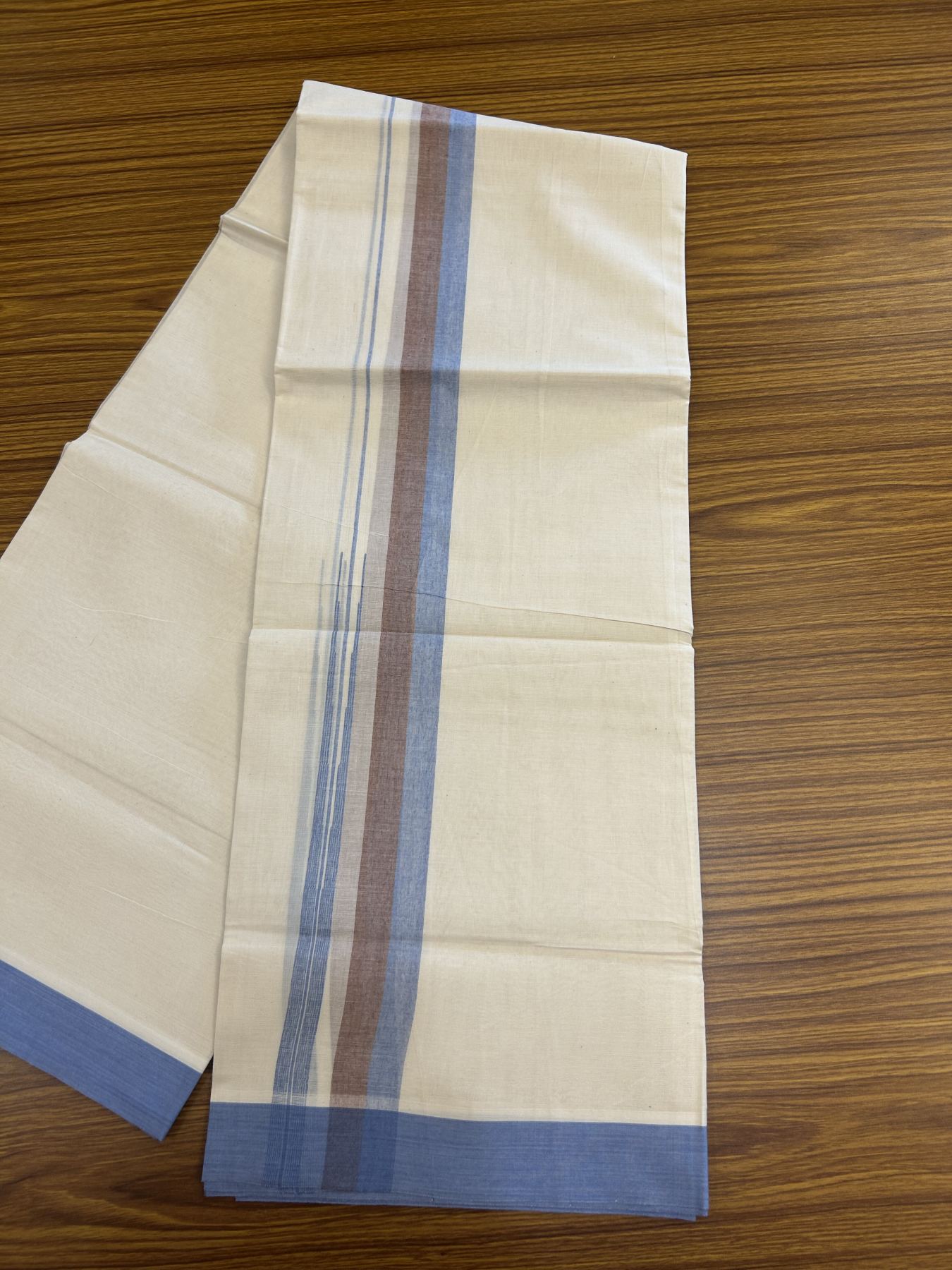 20% Discount ! Kaitharikada Balaramapuram 100% Pure Cotton Double Off white (Unbleached) Mundu/Dhoti - 100x80 - 1.25 inch Brown & Blue Shaded Stripes Chutty Kara 3.90 mtr (8 muzham) - 29 KK5313 PMC
