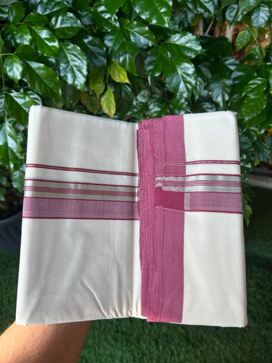 25% Discount! KaithariKada Handloom Millpaav Balaramapuram - Cotton Double Mundu/Dhoti Off white (Unbleached) - 80x90 - 1.75 inch Silver Kasav striped Wine Purple shaded Kara 3.60 meter (8 Muzham) - 80 KK5256 RAM