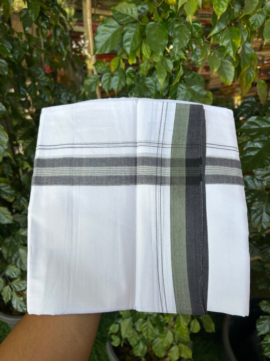 20% Discount! KaithariKada Balaramapuram 100% Cotton Double Pure white Mundu/Dhoti- 100X80 - 1.5 inch Green & Black striped Shaded kara - 3.90mtr ( 8 muzham) - 22 KK5280 VIN