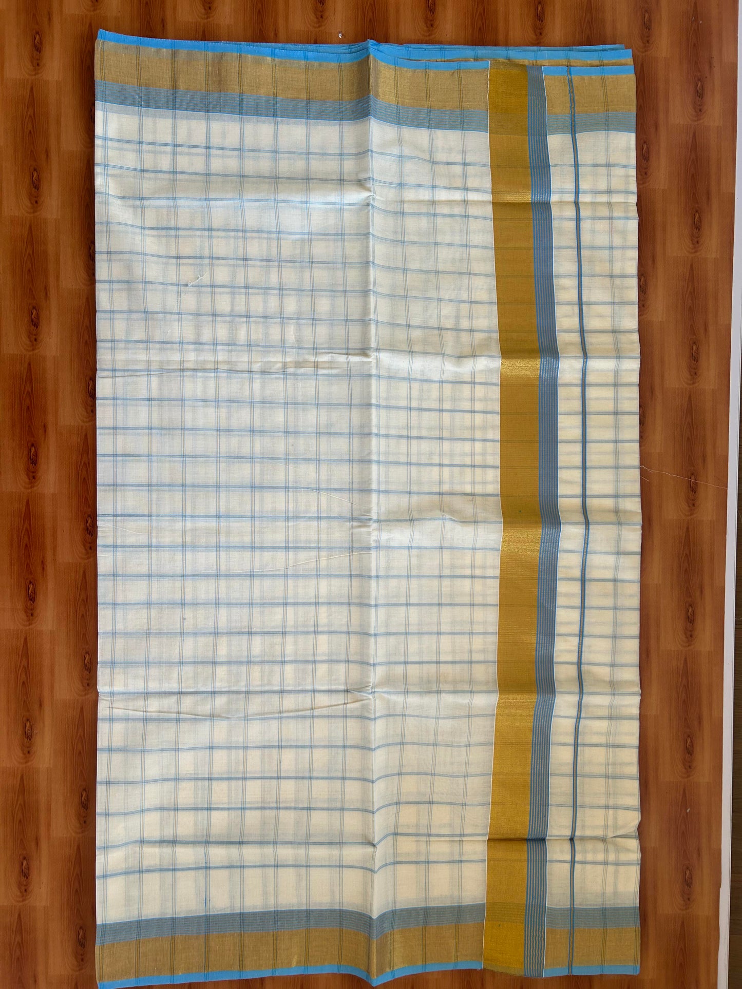 25% Discount! Kaitharikada Kerala Traditional Saree Off white- Mixed Cotton Kasavu Saree - 3 Inch  Pallu - Gold Kasav & Light Blue Striped Check Design Kara - 34 KK7000 PMC