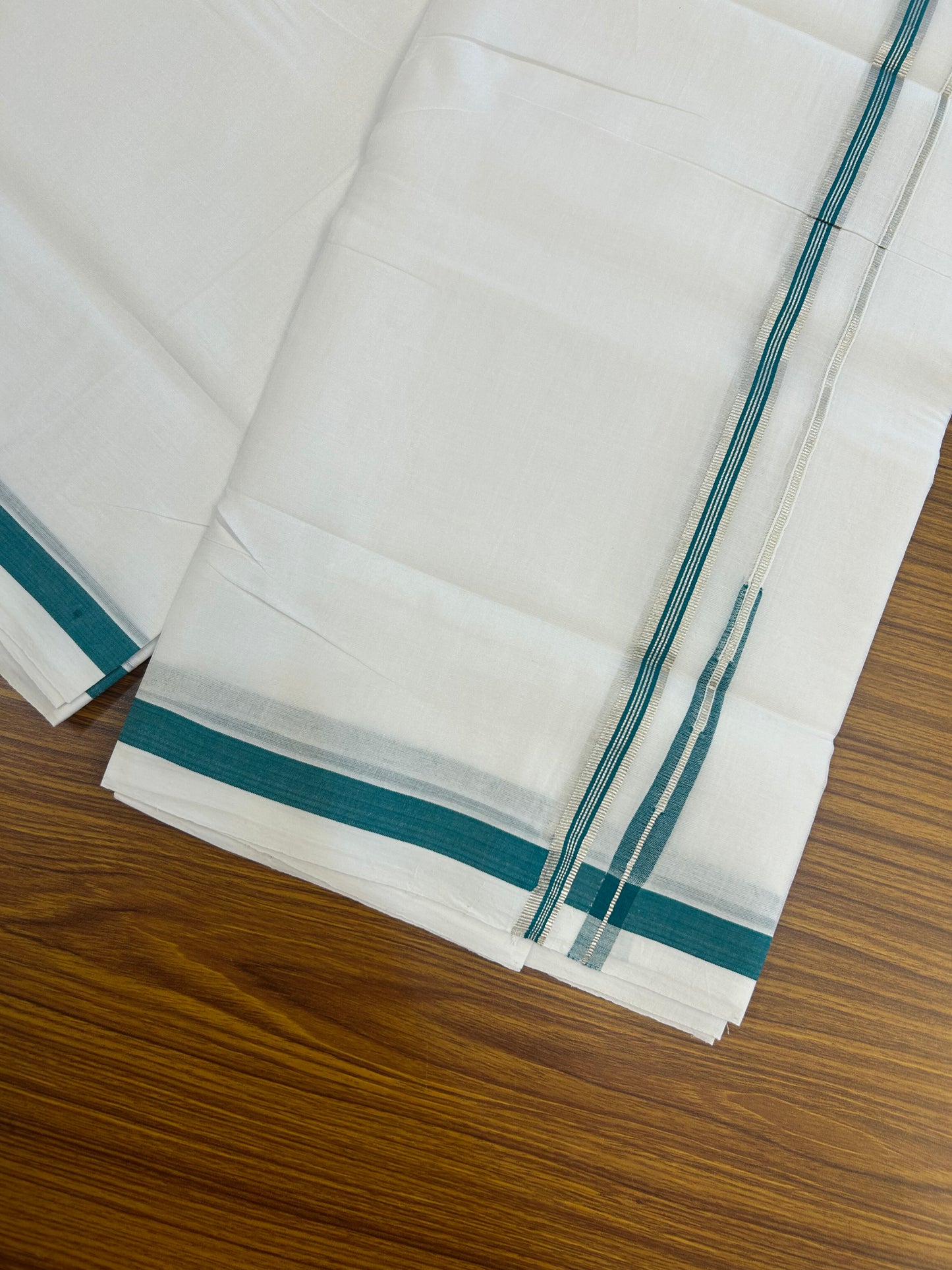 25% Discount ! KaithariKada Handloom Millpaav - Kerala Handloom - 100% Pure Cotton Double Mundu/Dhoti Pure white - 80x90 - 1.5 cm Silver Kasav & Blue Green Stripes Puliyilakkara Chutty 3.80 mtr (8 Muzham) - 27 KK5369 YAR