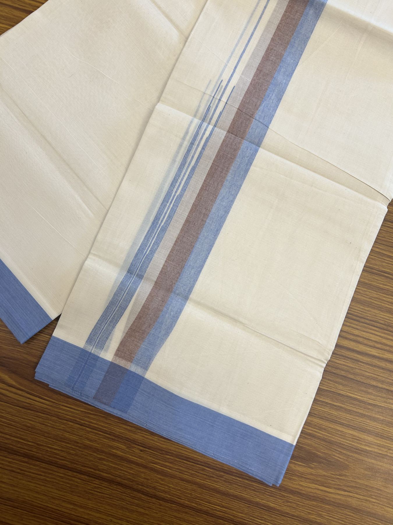 20% Discount ! Kaitharikada Balaramapuram 100% Pure Cotton Double Off white (Unbleached) Mundu/Dhoti - 100x80 - 1.25 inch Brown & Blue Shaded Stripes Chutty Kara 3.90 mtr (8 muzham) - 29 KK5313 PMC