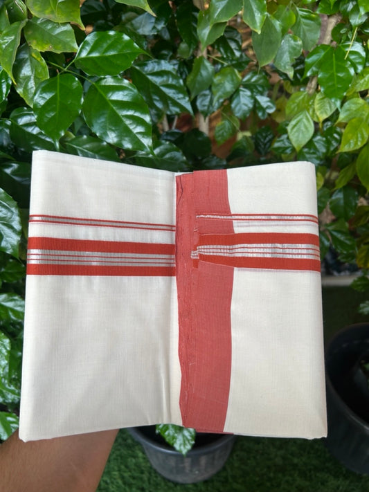 25% Discount! KaithariKada Handloom Millpaav Balaramapuram - Cotton Double Mundu/Dhoti Off white (Unbleached) - 80x90 - 1.25 inch Silver Kasav & Brick Orange striped Kara 3.60 meter (8 Muzham) - 64 KK5256 RAM