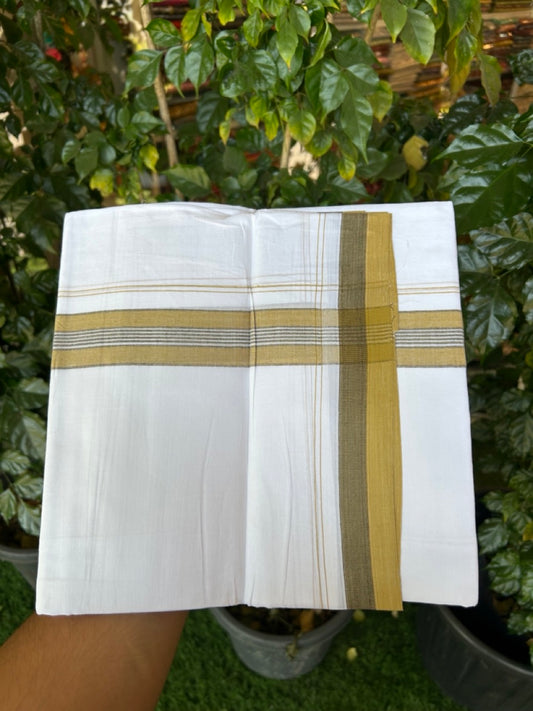20% Discount! KaithariKada Balaramapuram 100% Cotton Double Pure white Mundu/Dhoti- 100X80 - 1.5 inch Mustard Yellow & Ash Black striped Shaded kara - 3.90mtr ( 8 muzham) - 27 KK5280 VIN
