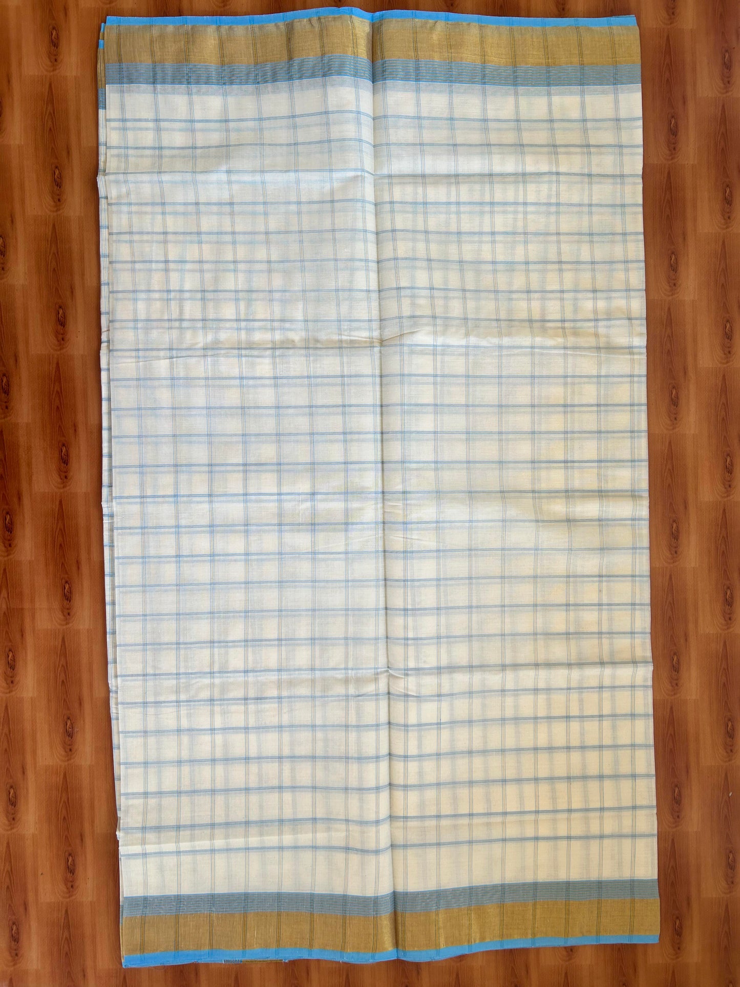 25% Discount! Kaitharikada Kerala Traditional Saree Off white- Mixed Cotton Kasavu Saree - 3 Inch  Pallu - Gold Kasav & Light Blue Striped Check Design Kara - 34 KK7000 PMC