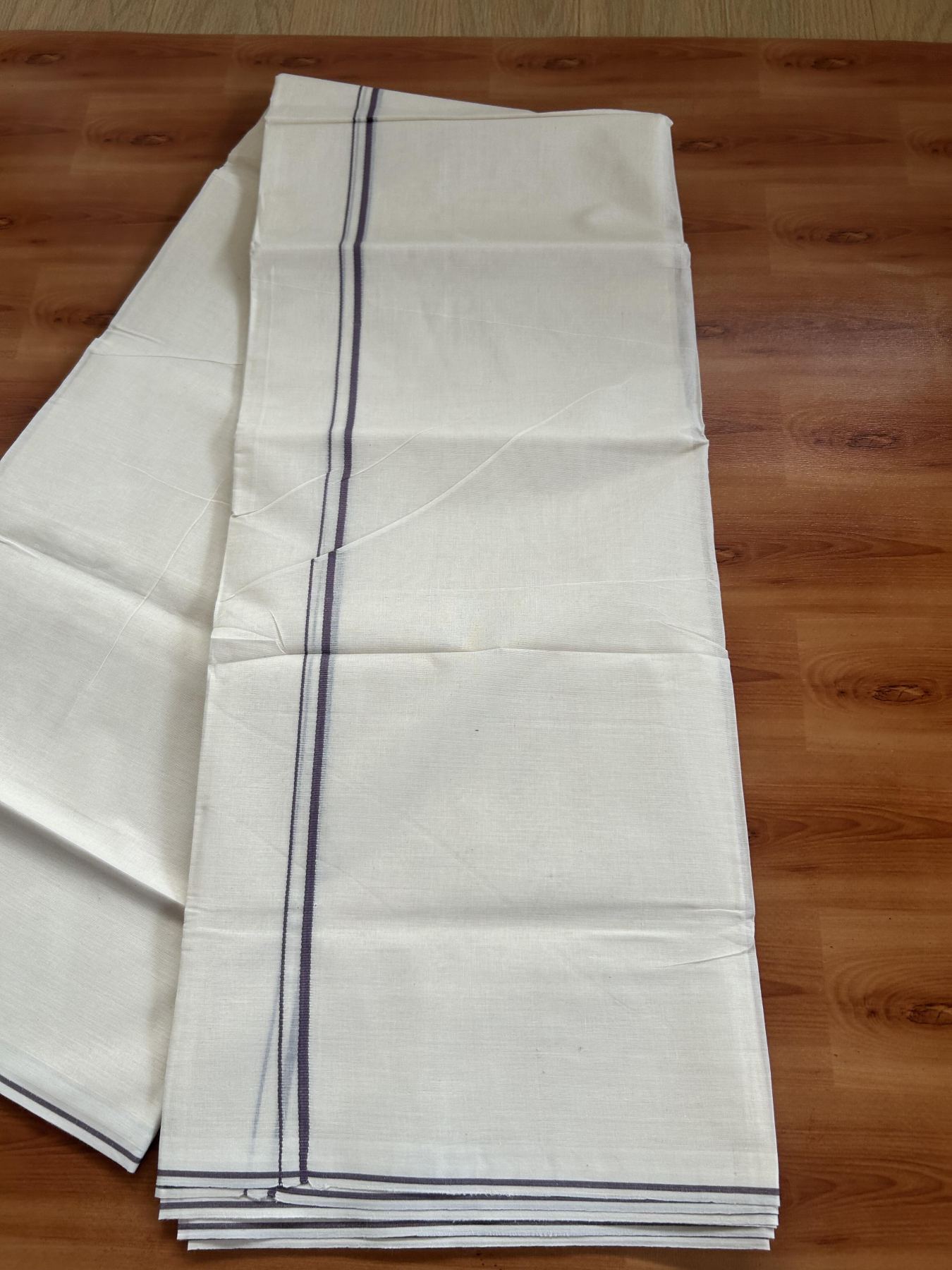 20% Discount! KaithariKada Balaramapuram 100% Cotton Double Off white - (Unbleached) - Mundu/Dhoti-100x80 - 0.3 cm Light Purple Thin Kara 4 mtr (8.5 Muzham) - 82 KK5382 VIN