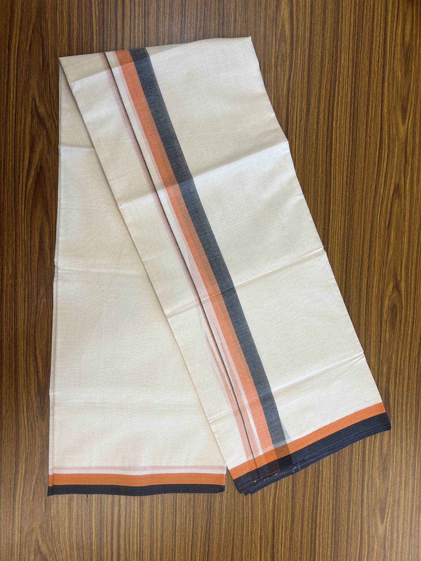 20% Discount ! Kaitharikada Balaramapuram 100% Pure Cotton Double Off white (Unbleached) Mundu/Dhoti - 100x80 - 1.5 inch Black & Orange Shaded Stripes Chutty Kara 3.90 mtr (8 muzham) - 30 KK5313 PMC