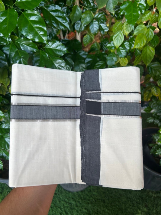 25% Discount! KaithariKada Handloom Millpaav Balaramapuram - Cotton Double Mundu/Dhoti Off white (Unbleached) - 80x90 - 1.25 inch Silver Kasav striped Black shaded Kara 3.60 meter (8 Muzham) - 82 KK5256 RAM