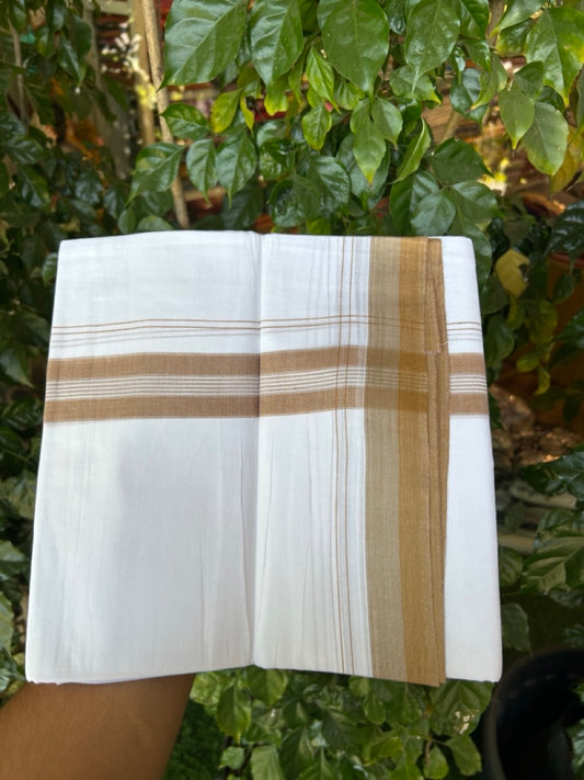 20% Discount! KaithariKada Balaramapuram 100% Cotton Double Pure white Mundu/Dhoti- 100X80 - 1.5 inch Brown & Grey striped Shaded kara - 3.90mtr ( 8 muzham) - 28 KK5280 VIN