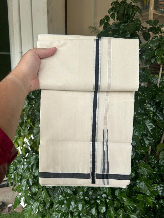 25% Discount!! KaithariKada Handloom Unakkupaav - Kerala Handloom - 100% Pure Cotton Off White - (Unbleached) Double Mundu/Dothi - 80X90 - 0.5 inch Puliyilakkara Silver Kasav & Black Chutty Kara 3.90 mtr (8 muzham) - 10 KK5369 YAR