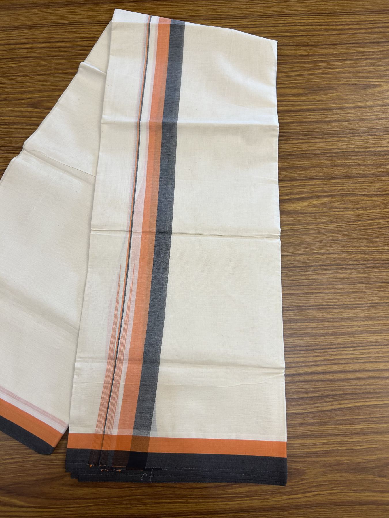 20% Discount ! Kaitharikada Balaramapuram 100% Pure Cotton Double Off white (Unbleached) Mundu/Dhoti - 100x80 - 1.5 inch Black & Orange Shaded Stripes Chutty Kara 3.90 mtr (8 muzham) - 30 KK5313 PMC