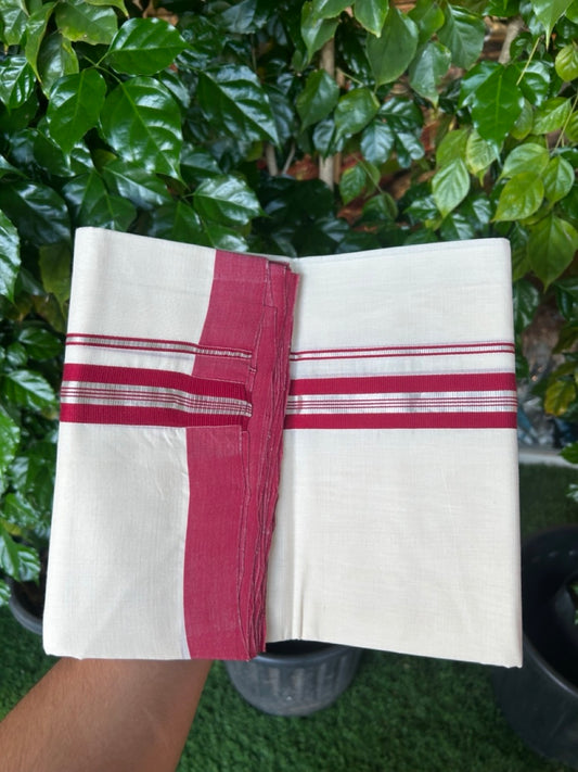 25% Discount! KaithariKada Handloom Millpaav Balaramapuram - Cotton Double Mundu/Dhoti Off white (Unbleached) - 80x90 - 1.25 inch Silver Kasav & Maroon striped Kara 3.60 meter (8 Muzham) - 65 KK5256 RAM
