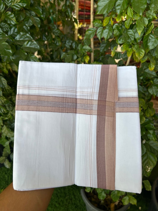 20% Discount! KaithariKada Balaramapuram 100% Cotton Double Pure white Mundu/Dhoti- 100X80 - 1.5 inch Sand Brown & Maroon striped Shaded kara - 3.90mtr ( 8 muzham) - 26 KK5280 VIN