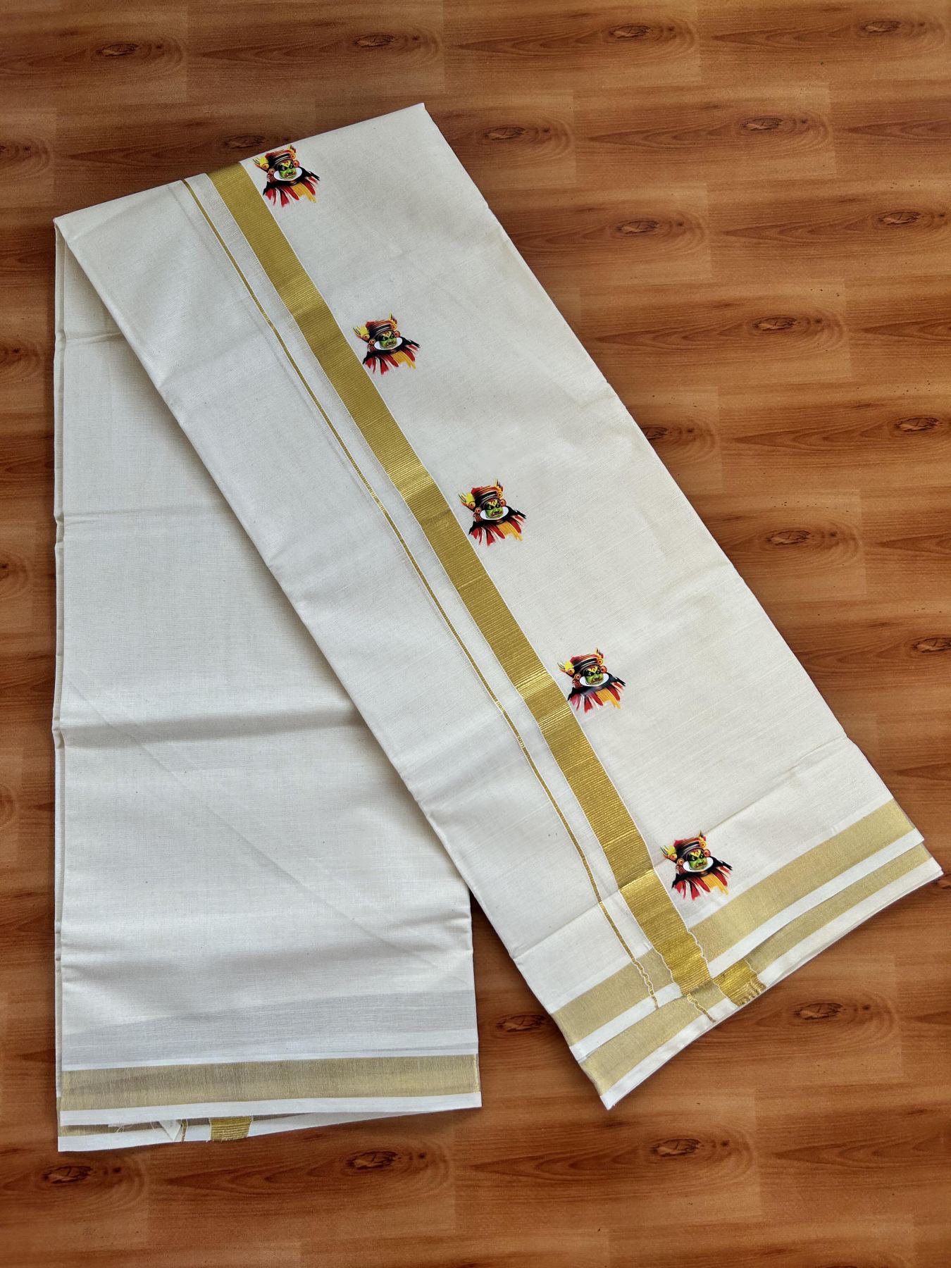 Double Off White - (Unbleached) Mundu/Dhoti- 20% Discount!! KaithariKada Balaramapuram 100% Cotton (60s) - 1 inch Gold Kasav & Kadhakali Printed Kara - 16 KK5415 GAN