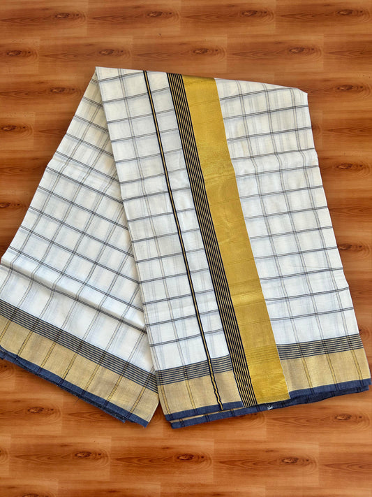 25% Discount! Kaitharikada Kerala Traditional Saree Off white- Mixed Cotton Kasavu Saree - 3 Inch  Pallu - Gold Kasav & Navy Blue Striped Kara & Check Design Body - 35 KK7000 PMC