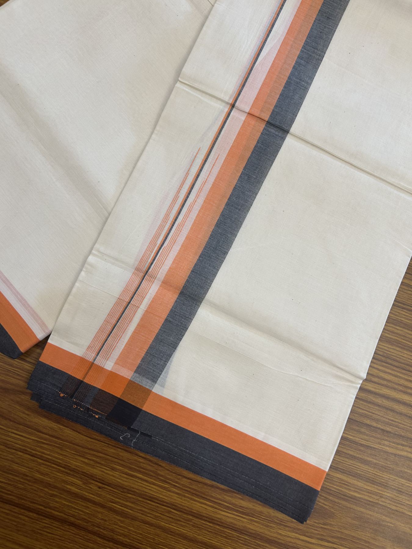 20% Discount ! Kaitharikada Balaramapuram 100% Pure Cotton Double Off white (Unbleached) Mundu/Dhoti - 100x80 - 1.5 inch Black & Orange Shaded Stripes Chutty Kara 3.90 mtr (8 muzham) - 30 KK5313 PMC