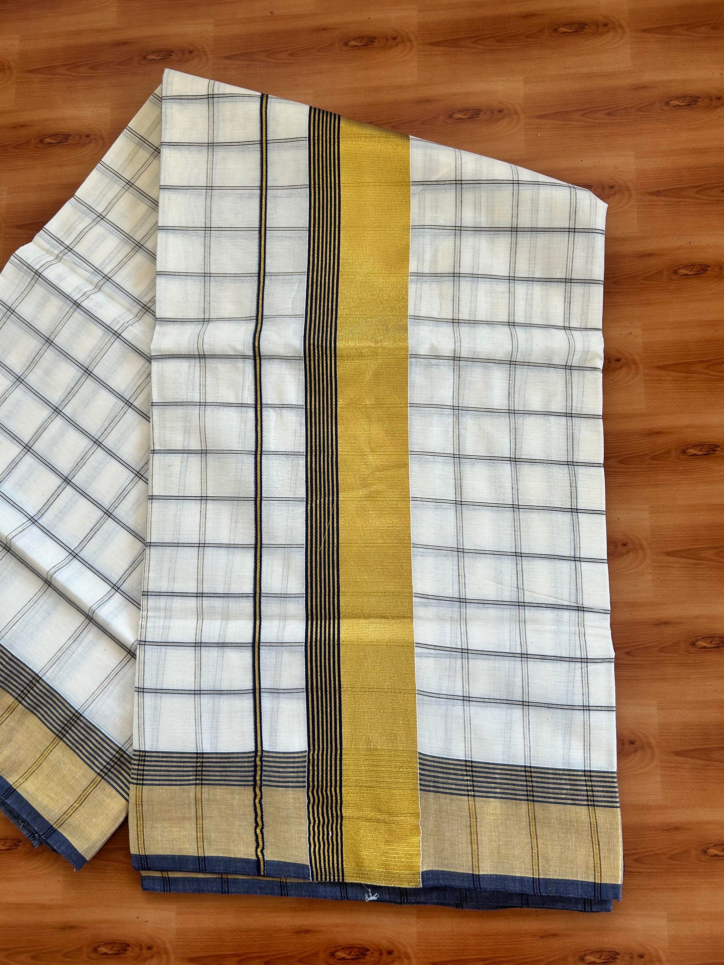 25% Discount! Kaitharikada Kerala Traditional Saree Off white- Mixed Cotton Kasavu Saree - 3 Inch  Pallu - Gold Kasav & Navy Blue Striped Check Design Kara - 35 KK7000 PMC