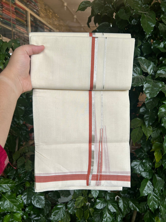 25% Discount!! KaithariKada Handloom Unakkupaav - Kerala Handloom - 100% Pure Cotton Off White - (Unbleached) Double Mundu/Dothi - 80X90 - 0.5 inch Puliyilakkara Silver Kasav & Brick Orange Chutty Kara 3.90 mtr (8 muzham) - 3 KK5369 YAR