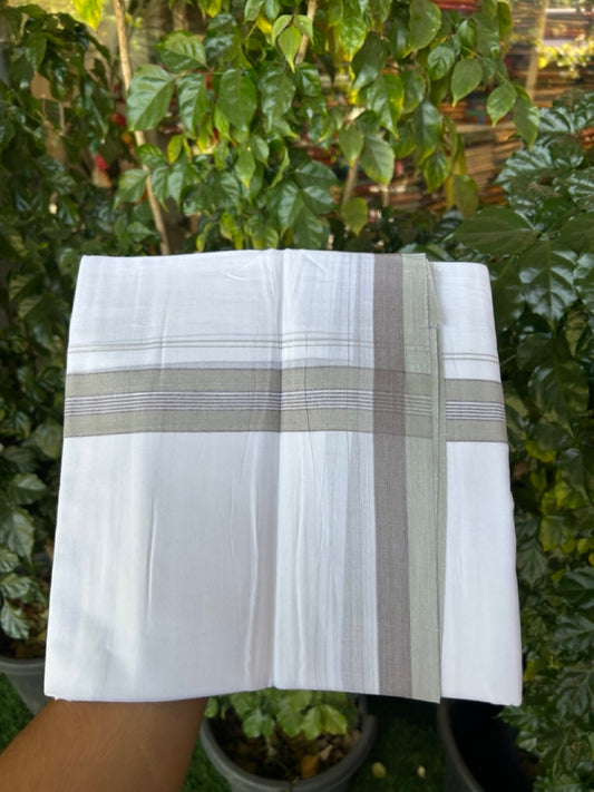 20% Discount! KaithariKada Balaramapuram 100% Cotton Double Pure white Mundu/Dhoti- 100X80 - 1.5 inch Brown & Light Mint Green striped Shaded kara - 3.90mtr ( 8 muzham) - 23 KK5280 VIN