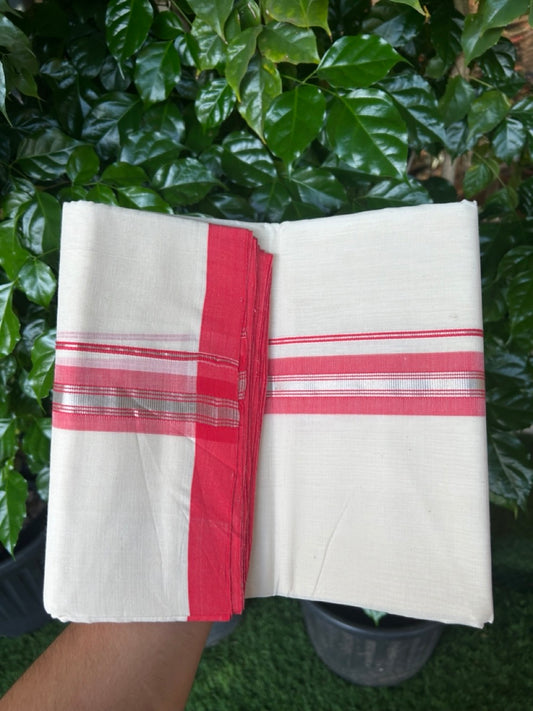 25% Discount! KaithariKada Handloom Millpaav Balaramapuram - Cotton Double Mundu/Dhoti Off white (Unbleached) - 80x90 - 1.5 inch Silver Kasav striped Red shaded Kara 3.60 meter (8 Muzham) - 81 KK5256 RAM
