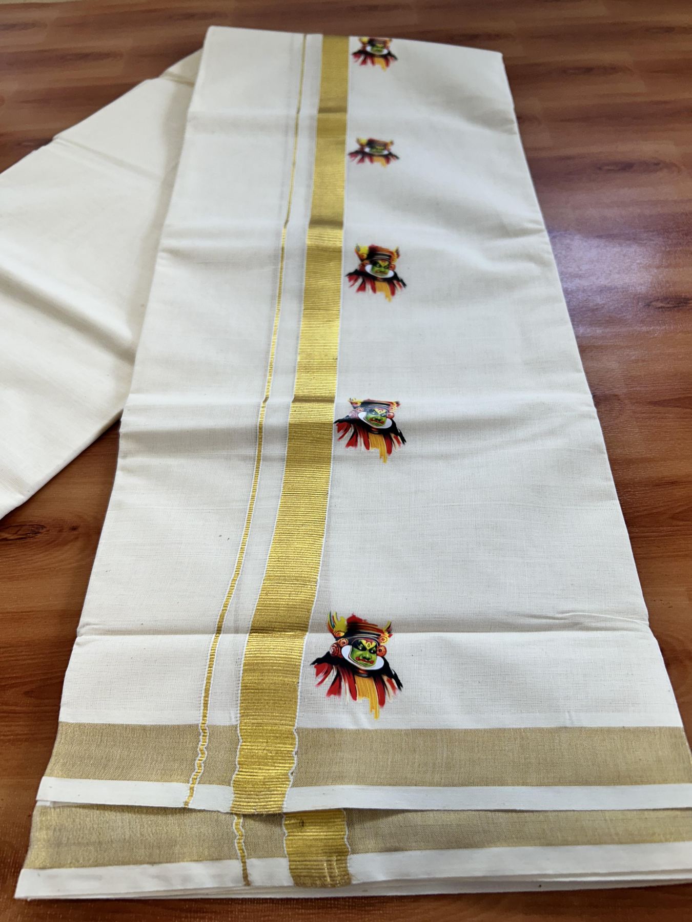 Double Off White - (Unbleached) Mundu/Dhoti- 20% Discount!! KaithariKada Balaramapuram 100% Cotton (60s) - 1 inch Gold Kasav & Kadhakali Printed Kara - 16 KK5415 GAN