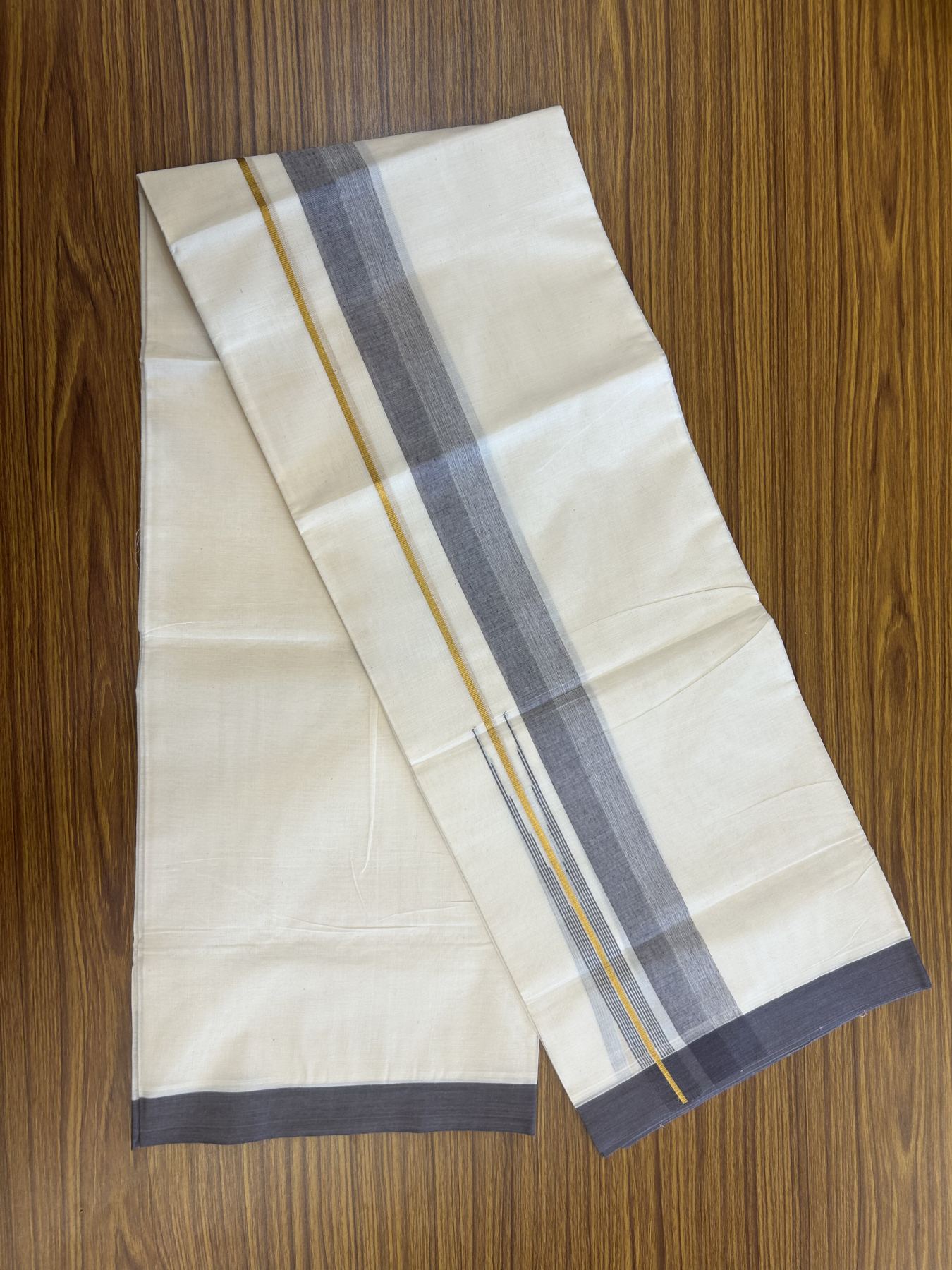 20% Discount ! Kaitharikada Balaramapuram 100% Pure Cotton Double Off white (Unbleached) Mundu/Dhoti - 100x80 - 1.75 inch Gold Kasav & Purple Ash Shaded Stripes Chutty Kara 3.90 mtr (8 muzham) - 31 KK5313 PMC