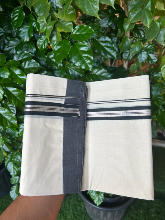 25% Discount! KaithariKada Handloom Millpaav Balaramapuram - Cotton Double Mundu/Dhoti Off white (Unbleached) - 80x90 - 1 inch Silver Kasav striped Black Kara 3.60 meter (8 Muzham) - 83 KK5256 RAM