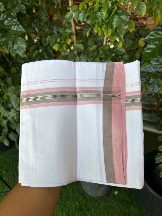 20% Discount! KaithariKada Balaramapuram 100% Cotton Double Pure white Mundu/Dhoti- 100X80 - 1.5 inch Silver kasav Dusty Peach & Ash Black striped Shaded kara - 3.90mtr ( 8 muzham) - 31 KK5280 VIN