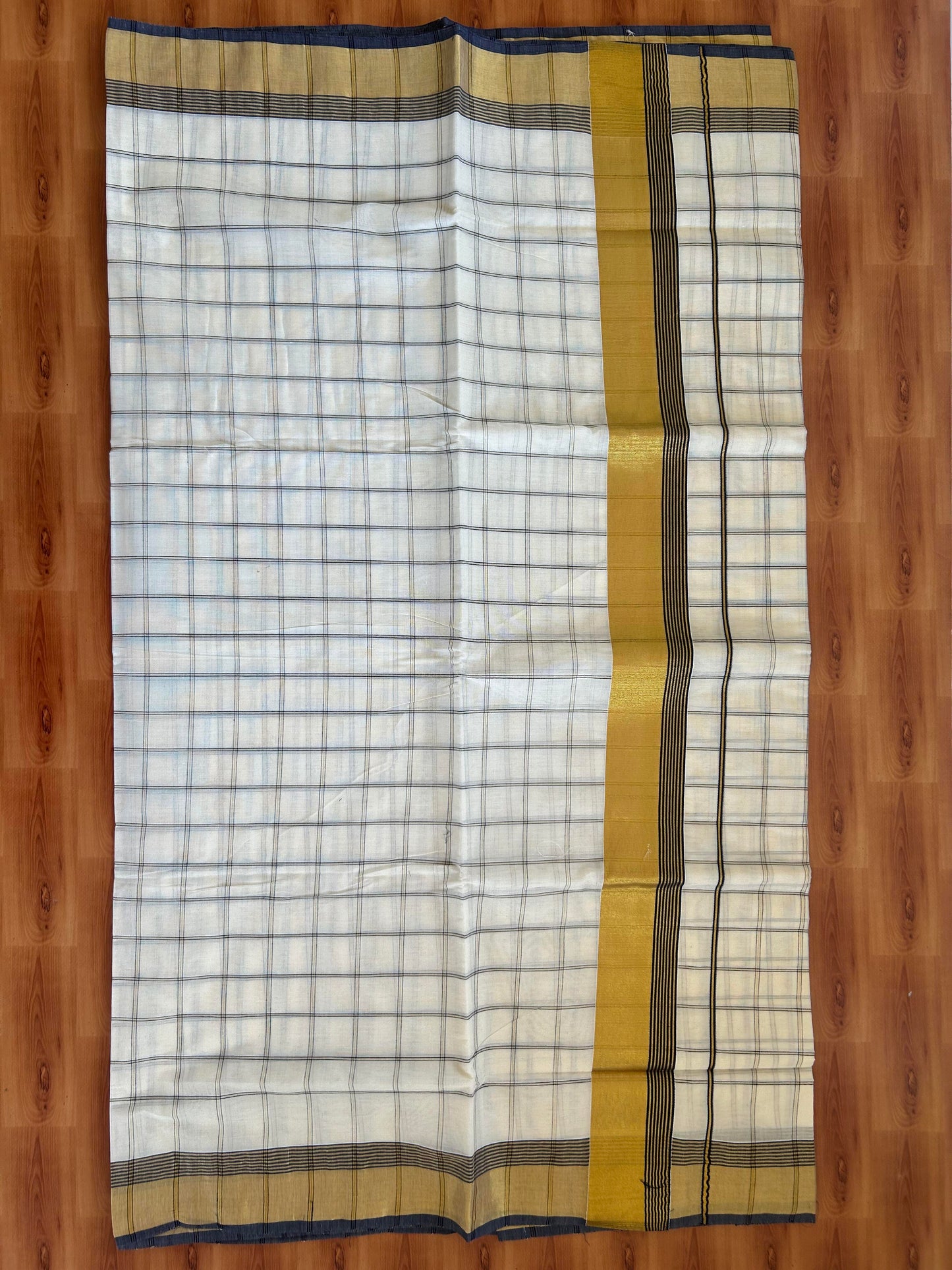 25% Discount! Kaitharikada Kerala Traditional Saree Off white- Mixed Cotton Kasavu Saree - 3 Inch  Pallu - Gold Kasav & Navy Blue Striped Check Design Kara - 35 KK7000 PMC