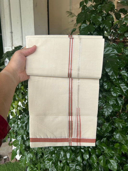 25% Discount!! KaithariKada Handloom Unakkupaav - Kerala Handloom - 100% Pure Cotton Off White - (Unbleached) Double Mundu/Dothi - 80X90 - 0.5 inch Puliyilakkara Silver Kasav & Brick Orange Chutty Kara 3.90 mtr (8 muzham) - 2 KK5369 YAR