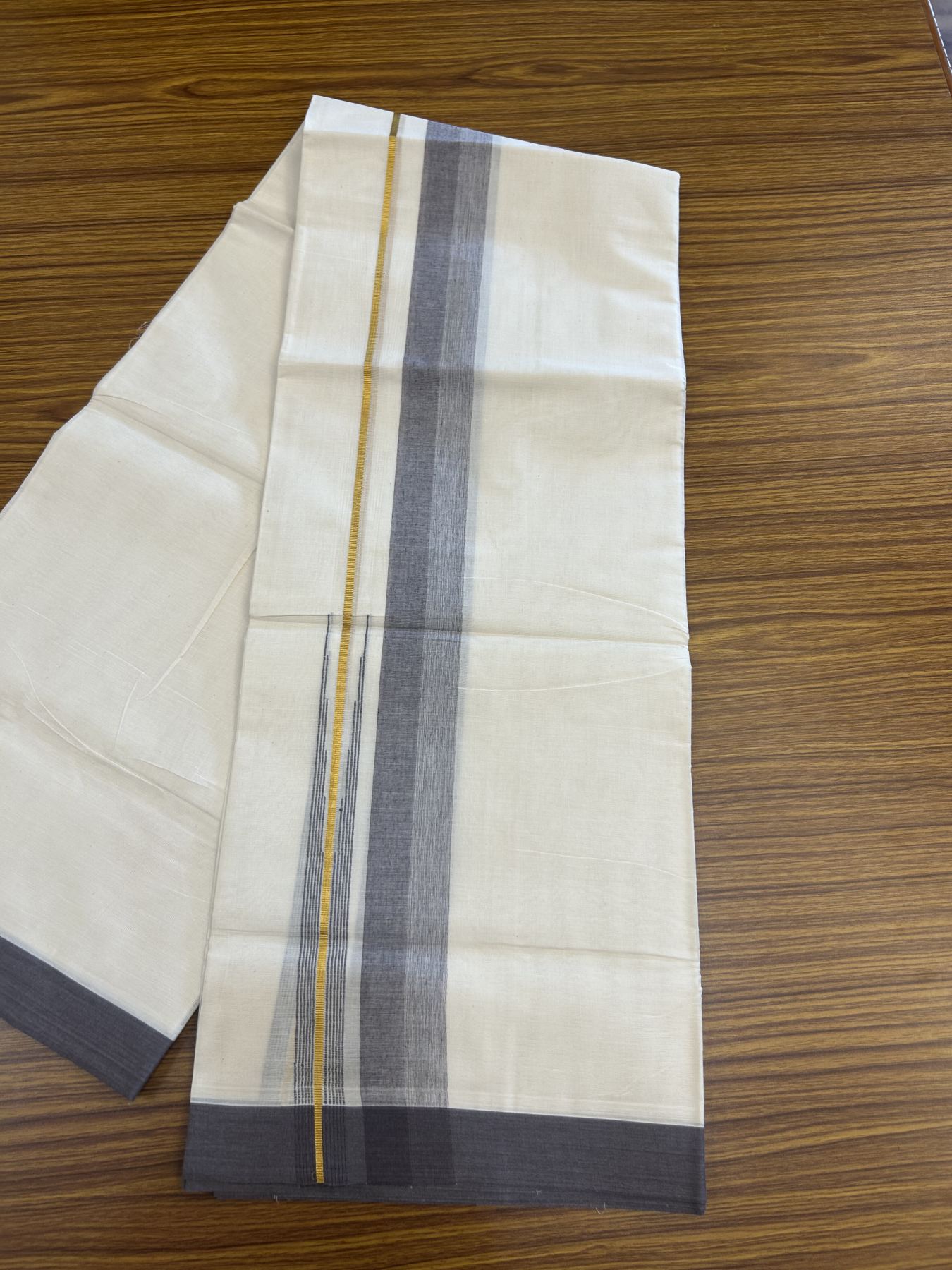 20% Discount ! Kaitharikada Balaramapuram 100% Pure Cotton Double Off white (Unbleached) Mundu/Dhoti - 100x80 - 1.75 inch Gold Kasav & Purple Ash Shaded Stripes Chutty Kara 3.90 mtr (8 muzham) - 31 KK5313 PMC