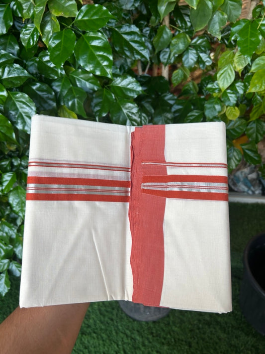 25% Discount! KaithariKada Handloom Millpaav Balaramapuram - Cotton Double Mundu/Dhoti Off white (Unbleached) - 80x90 - 1 inch Silver Kasav & Brick Orange striped Kara 3.60 meter (8 Muzham) - 63 KK5256 RAM