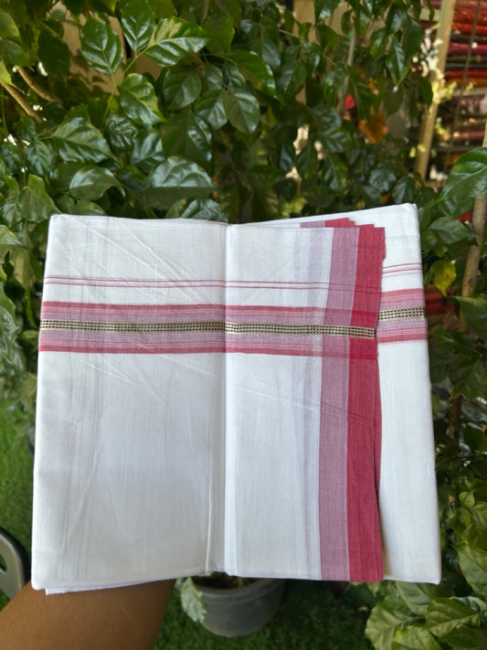 20% Discount! KaithariKada Balaramapuram 100% Cotton Double Pure white Mundu/Dhoti- 100X80 - 1.5 inch Silver kasav Lavender pink & Rose striped Shaded kara - 3.90mtr ( 8 muzham) - 30 KK5280 VIN
