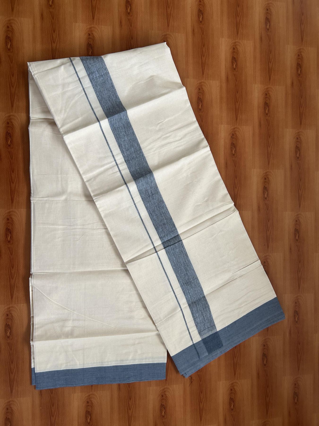 20% Discount ! KaithariKada Balaramapuram 100% Cotton Double Off White (Unbleached) - Mundu / Dhoti- 100x80 -  1.5 inch Black & Denim Blue Shaded Kara 4 mtr (8.5 Muzham) - 55 KK5382 VIN