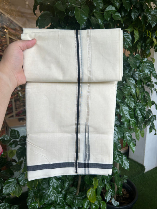 25% Discount!! KaithariKada Handloom Unakkupaav - Kerala Handloom - 100% Pure Cotton Off White - (Unbleached) Double Mundu/Dothi - 80X90 - 0.5 inch Puliyilakkara Silver Kasav & Black Chutty Kara 3.90 mtr (8 muzham) - 1 KK5369 YAR