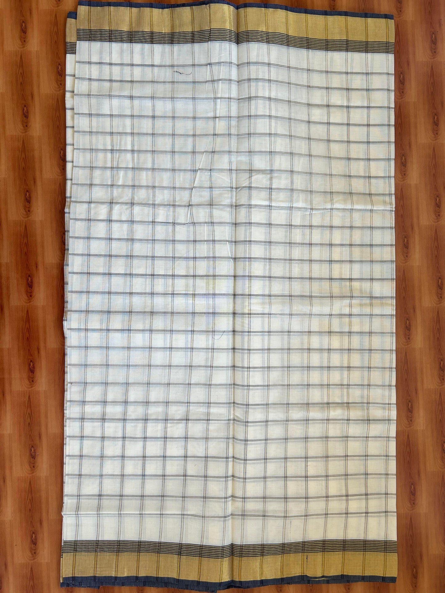 25% Discount! Kaitharikada Kerala Traditional Saree Off white- Mixed Cotton Kasavu Saree - 3 Inch  Pallu - Gold Kasav & Navy Blue Striped Check Design Kara - 35 KK7000 PMC