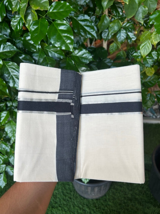 25% Discount! KaithariKada Handloom Millpaav Balaramapuram - Cotton Double Mundu/Dhoti Off white (Unbleached) - 80x90 - 1.25 inch Silver Kasav & Black Kara 3.60 meter (8 Muzham) - 84 KK5256 RAM