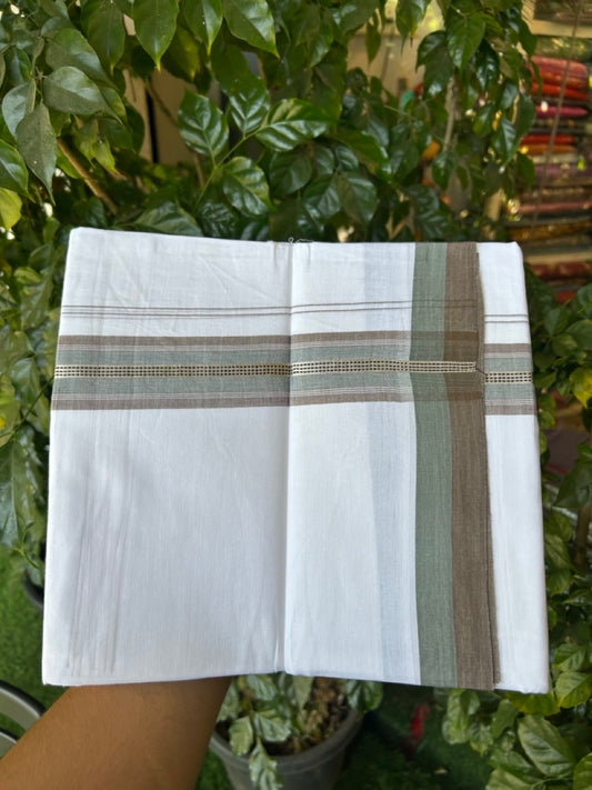 20% Discount! KaithariKada Balaramapuram 100% Cotton Double Pure white Mundu/Dhoti- 100X80 - 1.5 inch Silver kasav Steel Teal Green & Coffee Brown striped Shaded kara - 3.90mtr ( 8 muzham) - 35 KK5280 VIN