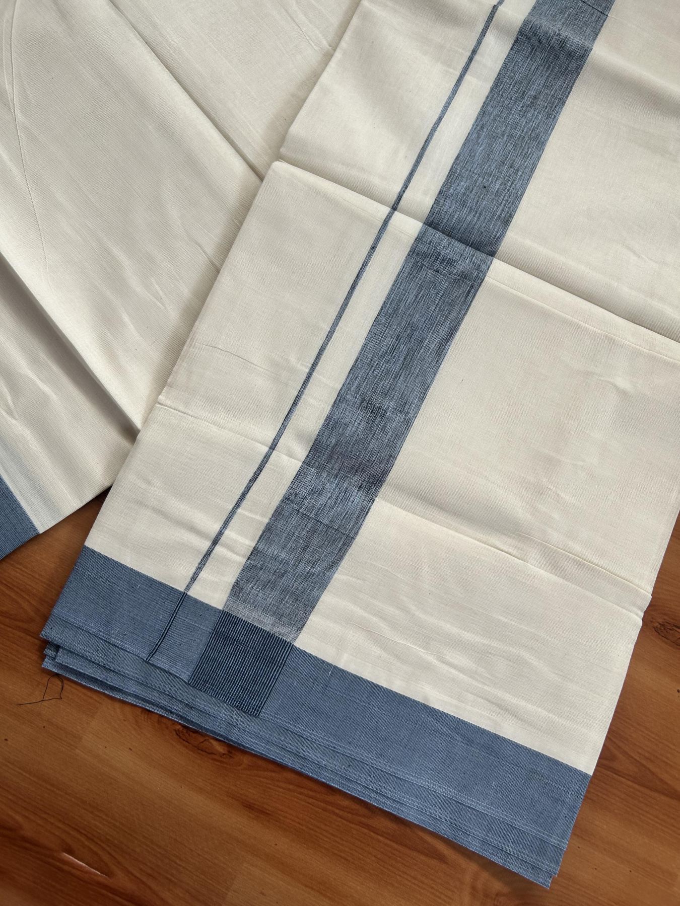 20% Discount ! KaithariKada Balaramapuram 100% Cotton Double Off White (Unbleached) - Mundu / Dhoti- 100x80 -  1.5 inch Black & Denim Blue Shaded Kara 4 mtr (8.5 Muzham) - 55 KK5382 VIN