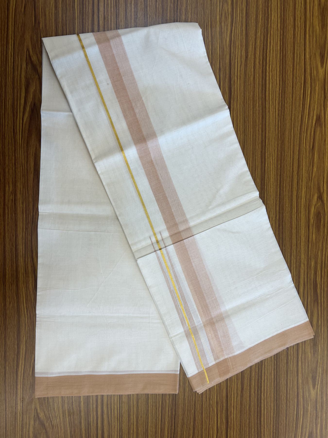 20% Discount ! Kaitharikada Balaramapuram 100% Pure Cotton Double Off white (Unbleached) Mundu/Dhoti - 100x80 - 1.75 inch Gold Kasav & Pastel Peach Shaded Stripes Chutty Kara 3.90 mtr (8 muzham) - 32 KK5313 PMC