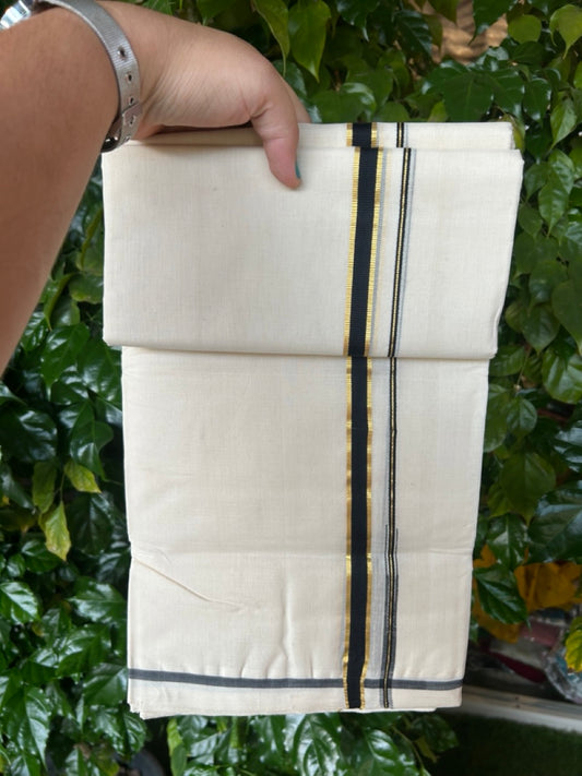 25% Discount! KaithariKada Handloom Millpaav Balaramapuram - Cotton Double Mundu/Dhoti Off white (Unbleached) - 80x90 - 0.5 inch Kasavu & Black Puliyilakkara Chutty 3.60 meter (8 Muzham) - 56 KK5256 RAM