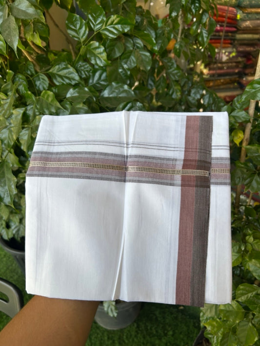 20% Discount! KaithariKada Balaramapuram 100% Cotton Double Pure white Mundu/Dhoti- 100X80 - 1.5 inch Silver kasav Deep Brown & Coffee Brown striped Shaded kara - 3.90mtr ( 8 muzham) - 34 KK5280 VIN