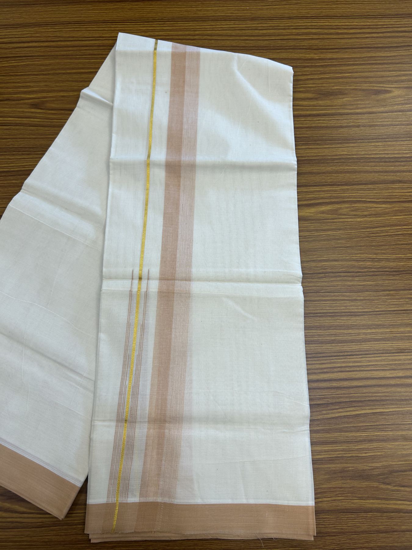20% Discount ! Kaitharikada Balaramapuram 100% Pure Cotton Double Off white (Unbleached) Mundu/Dhoti - 100x80 - 1.75 inch Gold Kasav & Pastel Peach Shaded Stripes Chutty Kara 3.90 mtr (8 muzham) - 32 KK5313 PMC
